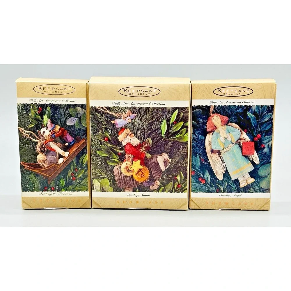 Hallmark Keepsake Folk Art Americana Santa Angel Fetching the Firewood Lot of 3‎